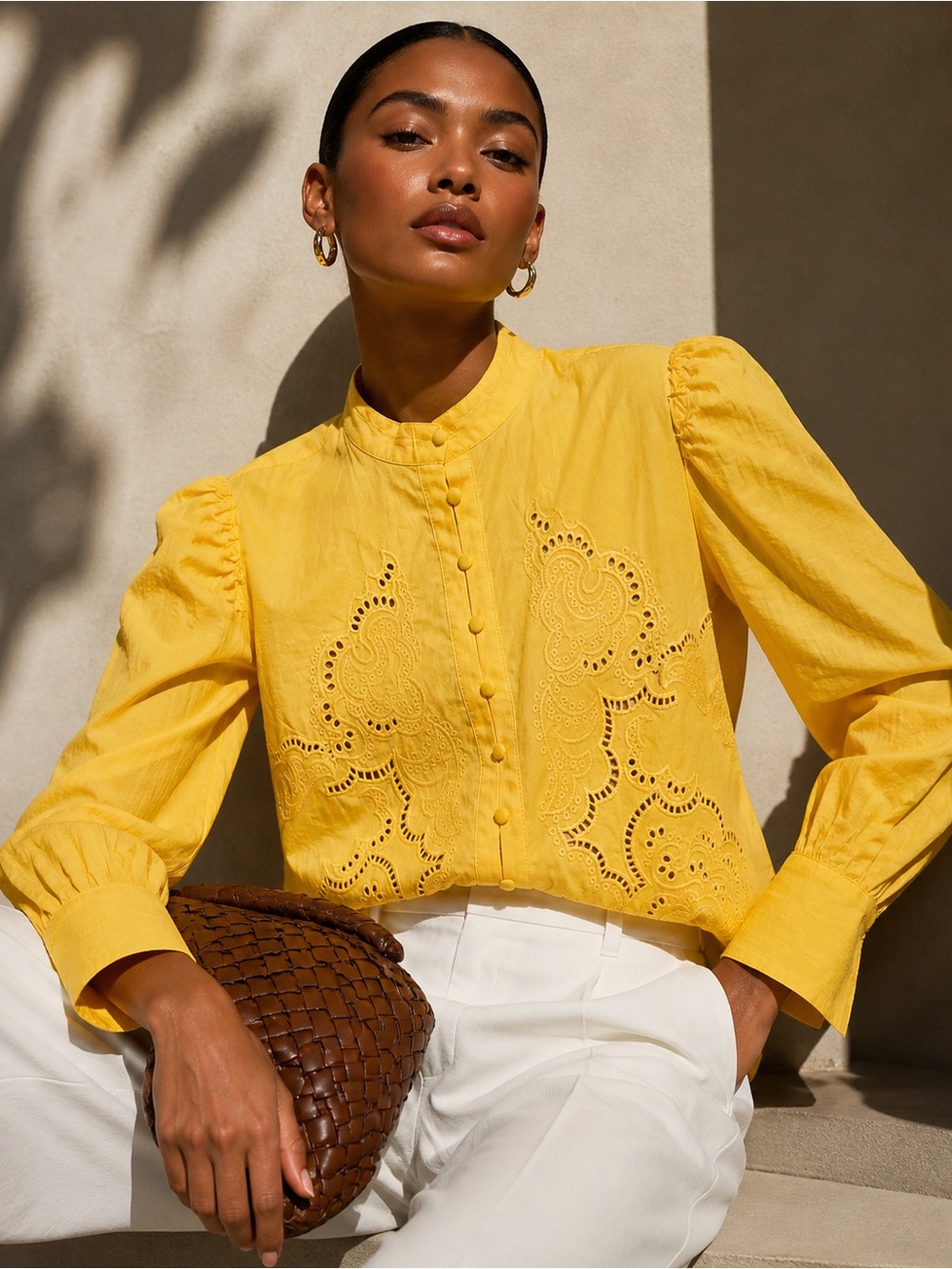 Magaschoni Yellow Embroidered Eyelet Blouse Puff Sleeve Button Front Top Size S
